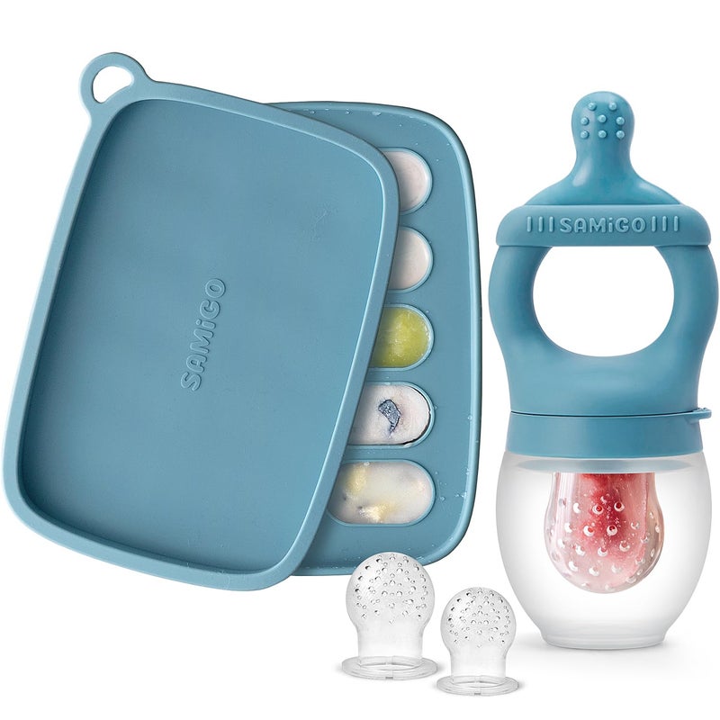SAMiGO Baby Food Fruit Feeder and Breastmilk Popsicle Mold Set, Silicone Fruit Teether, Food Feeder Pacifier for Teething Relief, Freezer Tray, Baby Feeding Essentials, 4 Months+ - Image 1